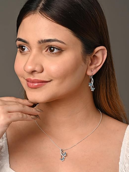 925 Sterling Silver Butterfly Pendant Earring Chain Jewellery Set | Rhodium Plated, Swiss Zirconia | Gift for Women & Girls